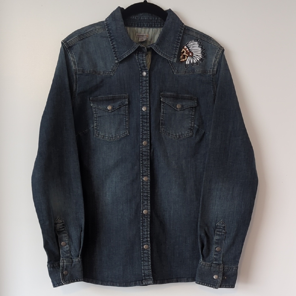 Carhartt Jean Snapdown Collared Shirt With Skull Patch Size Small